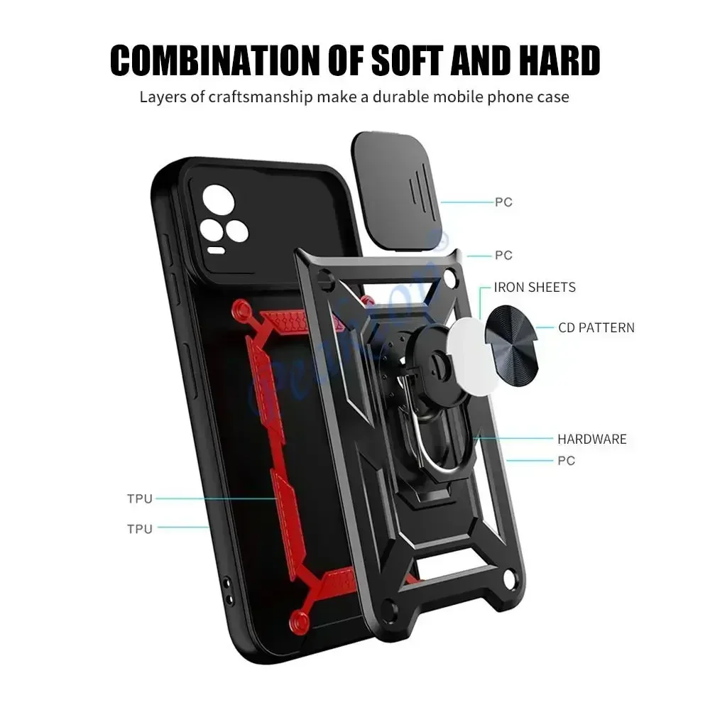 Push Camera Armor Case pour Vivo V21, V21E, Vivov21 E, Vivov21E, 4G, 5G, Support magnétique de voiture, Anneau de support, Antichoc, Protect Cover, Fundas