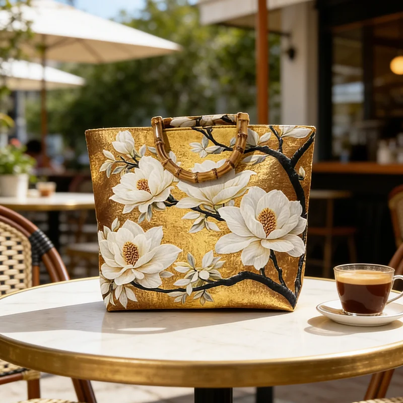 Magnolia-Ölgemälde-Tragetasche für Damen, Handtasche mit Bambusimitat-Griff und großem Fassungsvermögen, für Pendeln und Einkaufen, tägliche Reisen – Detail 5