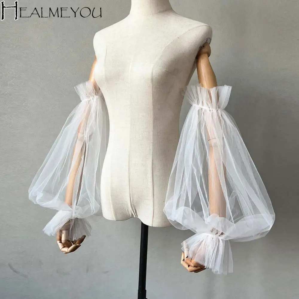 

Holy Korean Style Bridal Arm Sleeves Yarn Breathable Wedding Long Sleeves Elastic Solid Color Pleated Lace Arm Covers Party