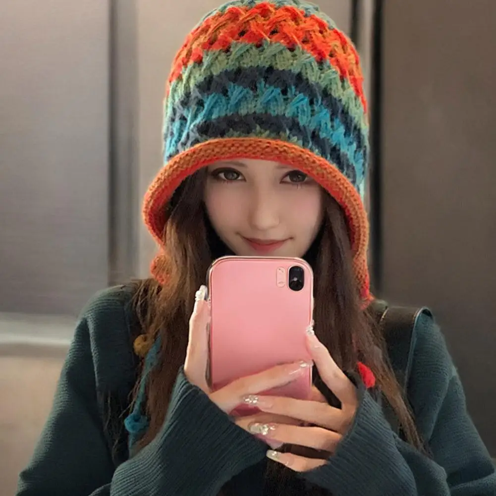 Women Bohemia Knitted Hat Contrast Color Tassel Ball Beanie Hats With Ear Flaps Winter Warm Cap