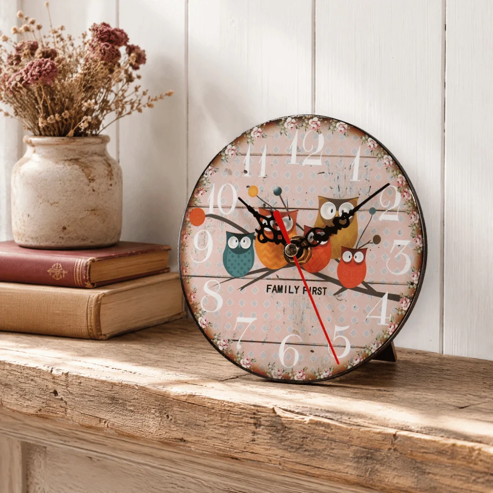Wooden Wooden Wall Clock 4.72in Oil Painting Design Owl Pattern Clock Dual Use Cartoon Owl Pattern Retro Wall Clock