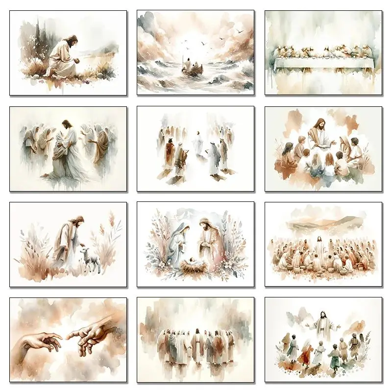 Aquarell Jesus mit Kindern, der letzte Abendmahl, beruhigt die Sturmbibel, christliche Leinwandmalerei, Druck, Wandkunst, Poster, Heimdekoration