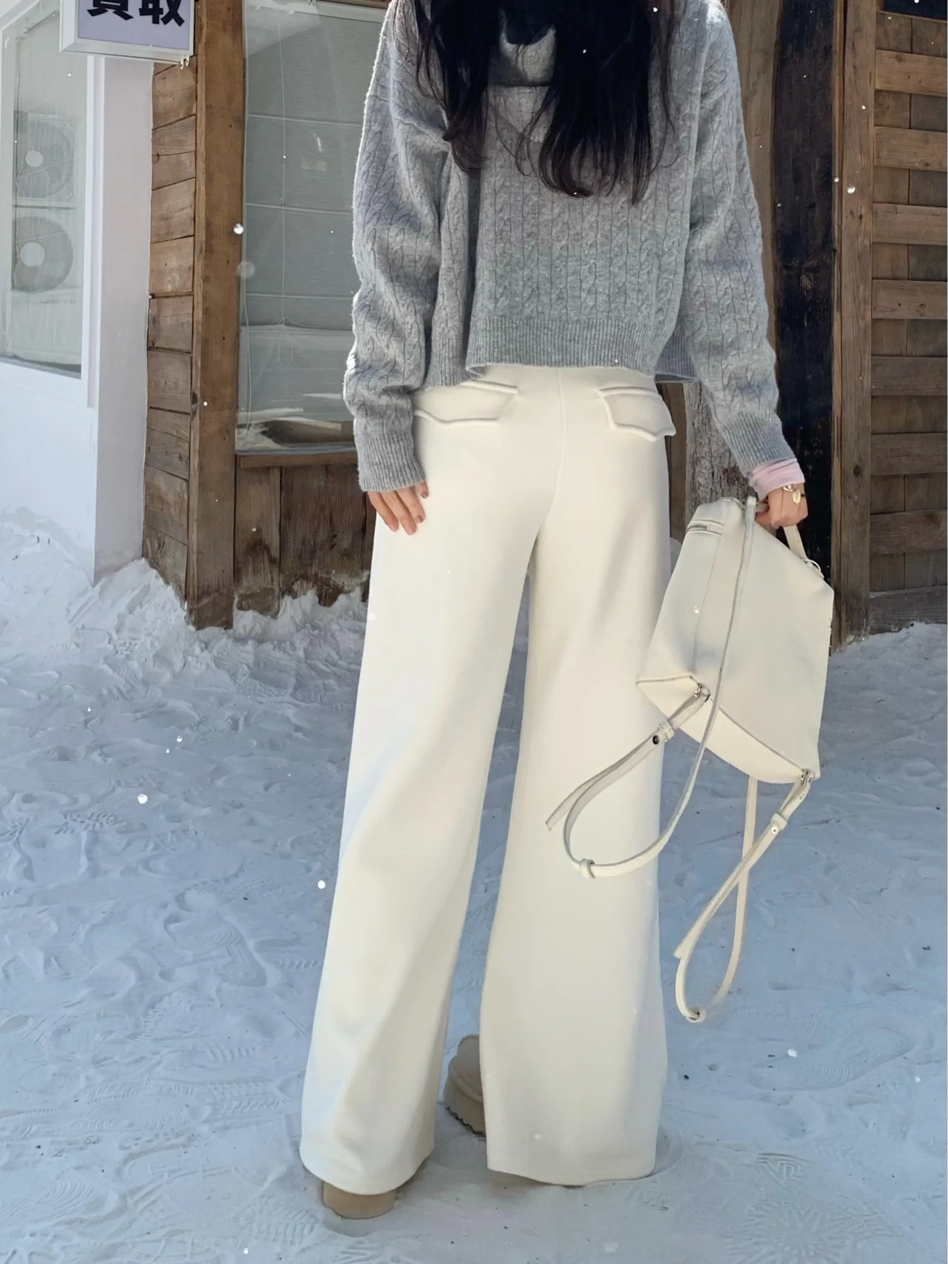 Fce 라인드 와이드 레그 팬츠 하이 웨이스트 스트링 요가 팬츠 다용도 스트레이트 컷 바지 여성용 슬리밍 효과