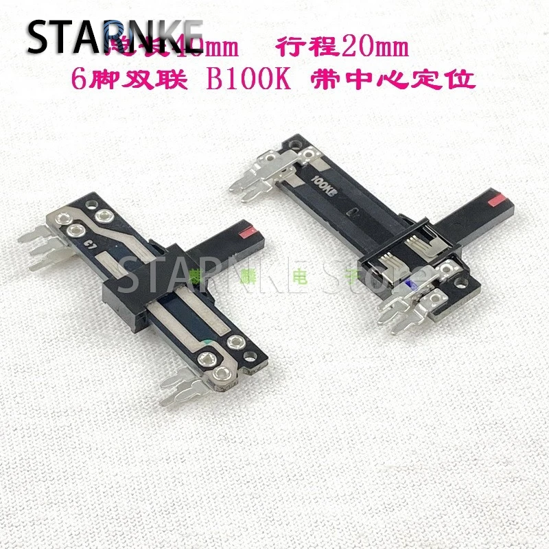 2PCS 40mm 6-pin Double Straight Slide Fader B100K Mixer Lighting Volume potentiometer, 20mm Travel With Midpoint