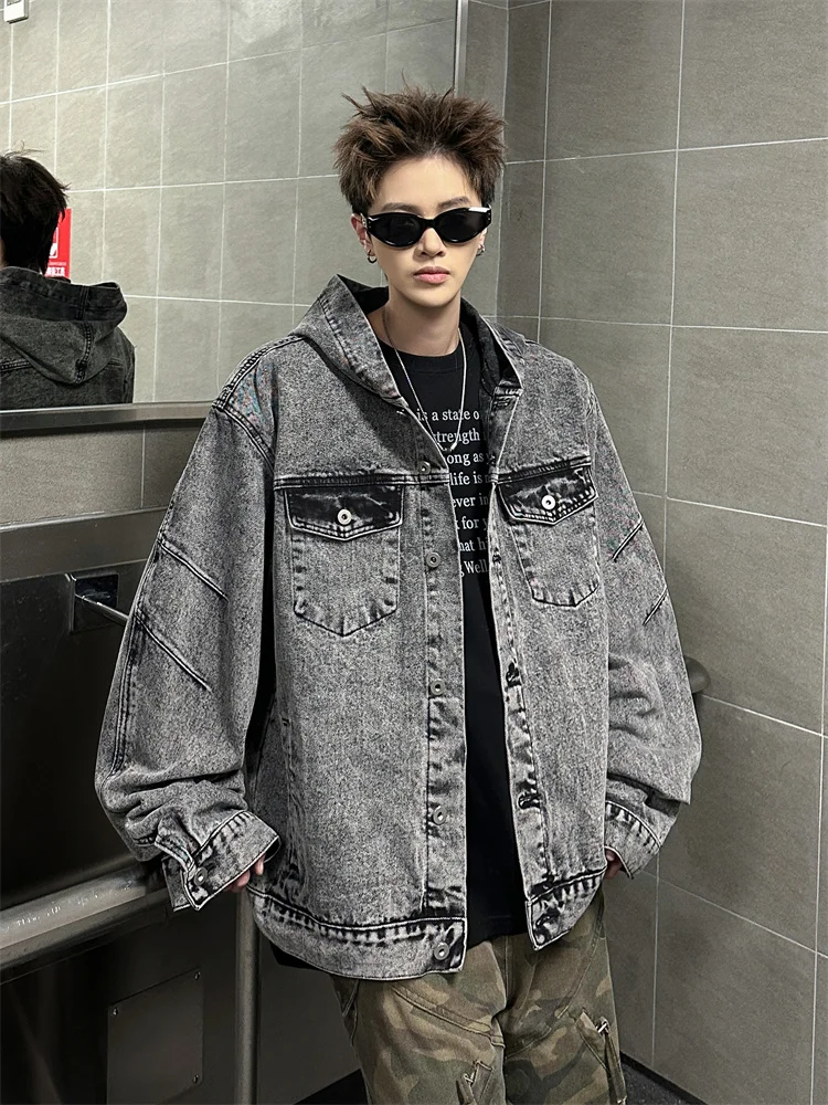 

Мужская джинсовая куртка в стиле ретро, американского дизайна, с капюшоном, из плотного денима, модная, свободного кроя, весенняя