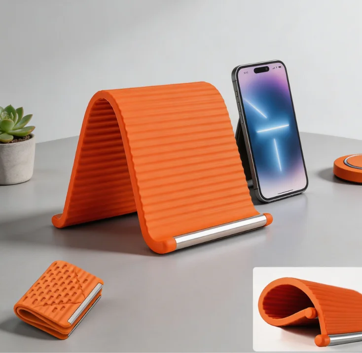 

Portable Foldable Silicone Aluminum Phone Holder, 2026 New Flexible Silicone Aluminum Phone Holder, Folded into Any Shape, Universal Adjustable Anti-Slip Desktop Mount for Home Office Travel (Orange)