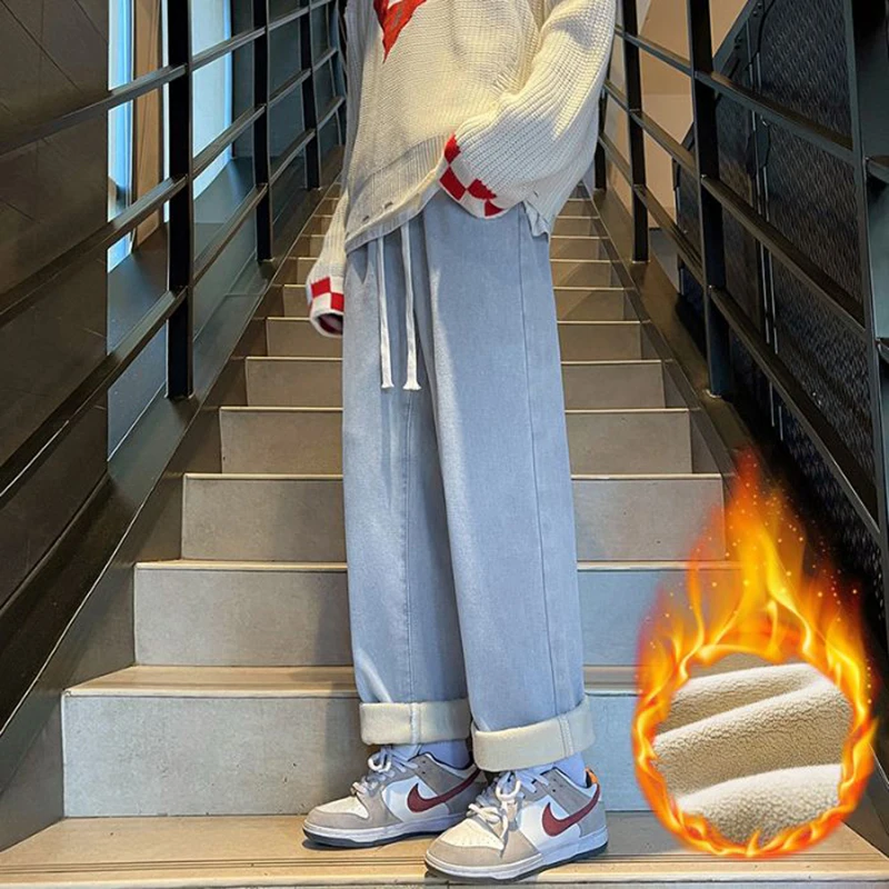 Pantalones vaqueros ajustados elásticos de felpa cálidos para hombre, pantalones vaqueros gruesos con forro polar a la moda, pantalones informales de calle alta