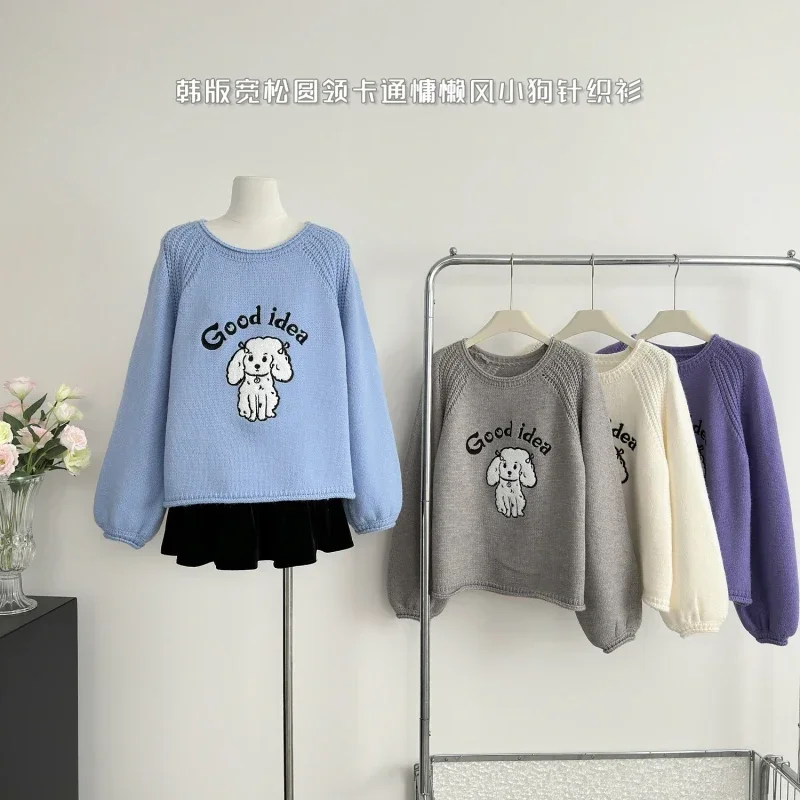 Women's Blue Pullover Knitted Sweater Harajuku Y2k Long Sleeves Graffiti Print O-Neck Sweater Vintage 2000s Clothes 2024 Autumn