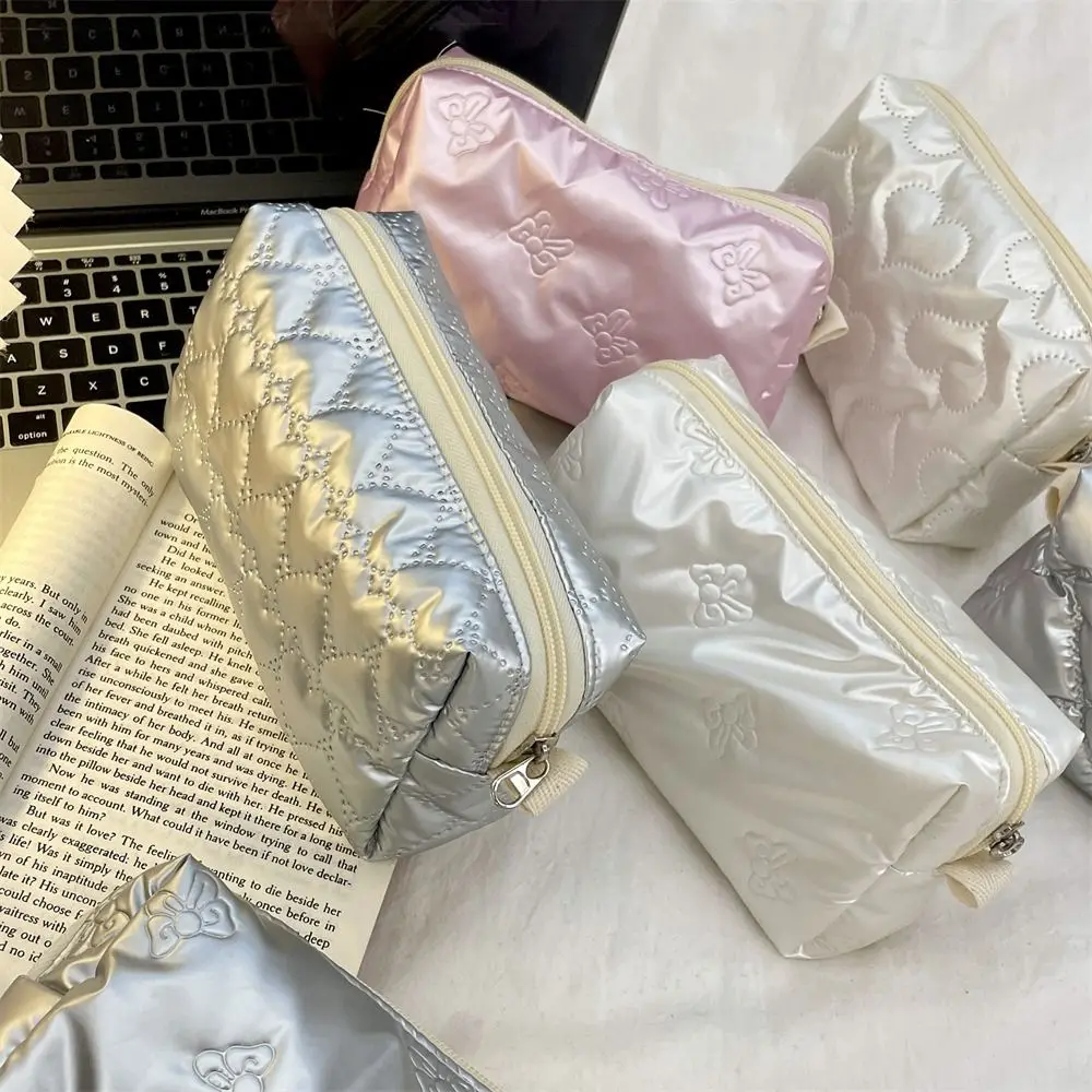 Love Rhombus Shape Silver Cosmetic Bag Bow Korean Style Stuffed Cotton Storage Bag PU Storage Cloth Bag Small Item Bag Travel