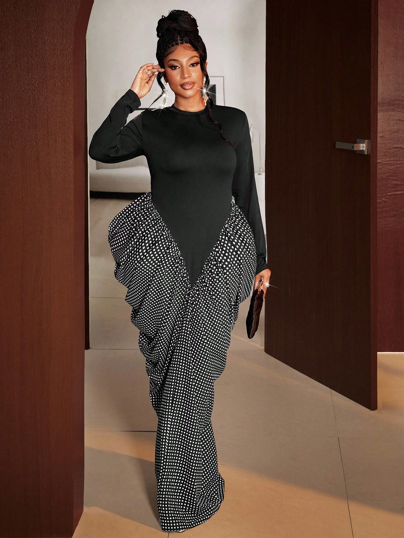 

Plus Size Women Elegant Mesh Tulip Skirt Patchwork Black Long Sleeve Dress