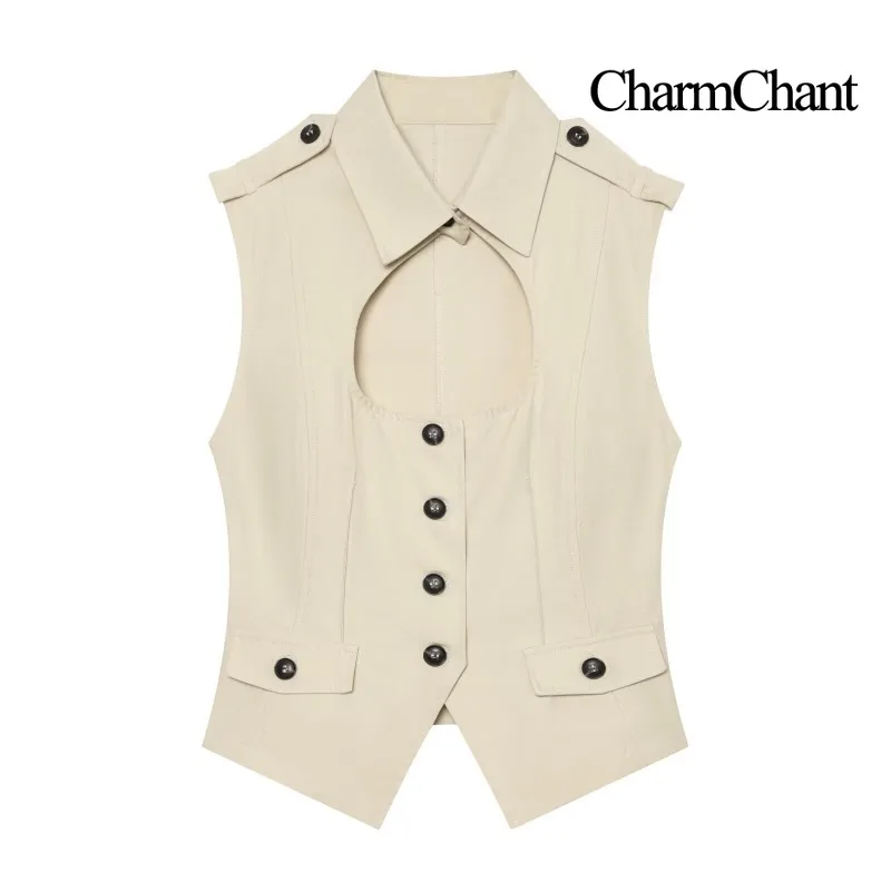 CHARMCHANT Women's Cutout Sleeveless Vest Lapel Collar Epaulet Tailored Waistcoat Gilet Top For Street Club Autumn Winter 2026