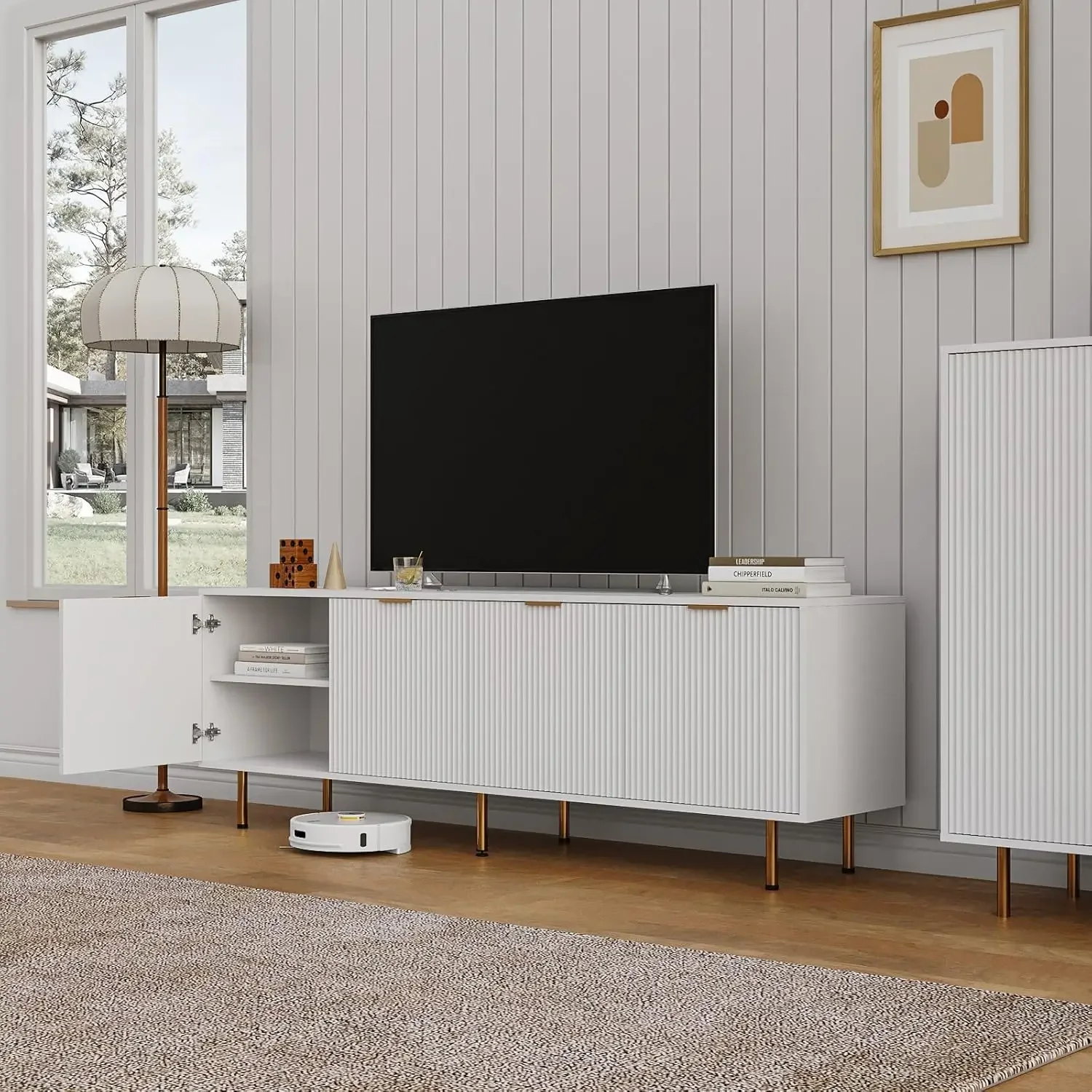 Meados do século moderno TV Stand, Entertainment Center, suporte de madeira com 4 grandes gavetas, Console Media Mesa, 80 "TV Stand