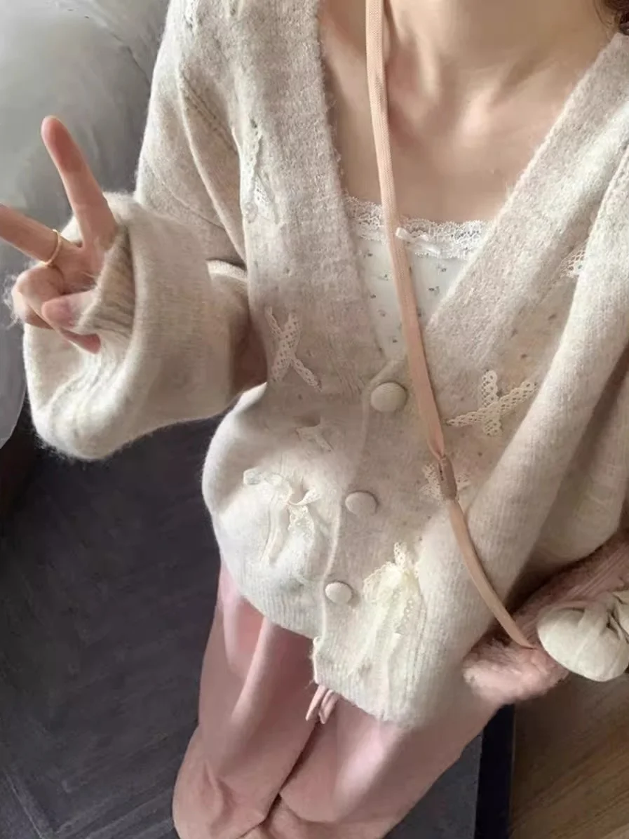 

Открытый кардиган с кружевной отделкой и веревкой, женский свободный вязаный свитер с v-образным вырезом Jaet Sweet Lazy Sle, новинка 202, осенняя мода