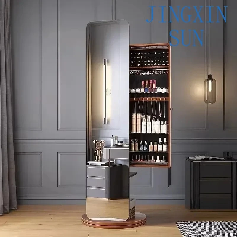 Modern Floor Solid Wood Dressing Mirror Full-Length Mirror with Cosmetic Cabinet Integrated Storage Rotating Clothes Rack f