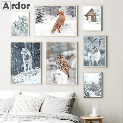 Winter Forest House Snow Landscape Poster Owl Squirrel Fox Wolf Deer Wall Art Canvas Painting Nordic Print Pictures Home Decor