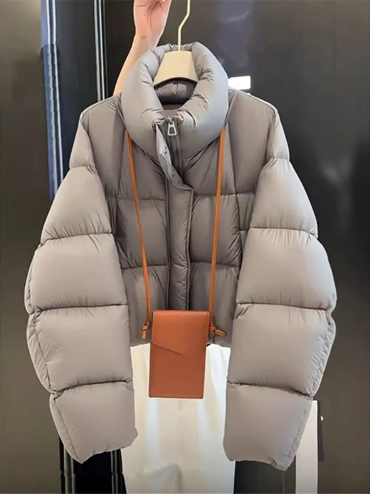 

Grey Standing Collar Short Cotton Jacket Women's Long Sleeved Zipper Thick Quilted Coat 2025 New Winter Warm Padded Jackets