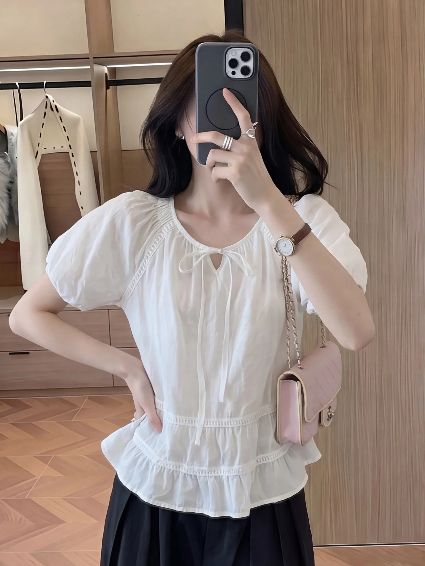 

Charming Lace Trim Bubble Sleeve Shirt Women's Summer New Gentle Pure Doll Shirt Top Korean Style Loose Fit Short Sleeve