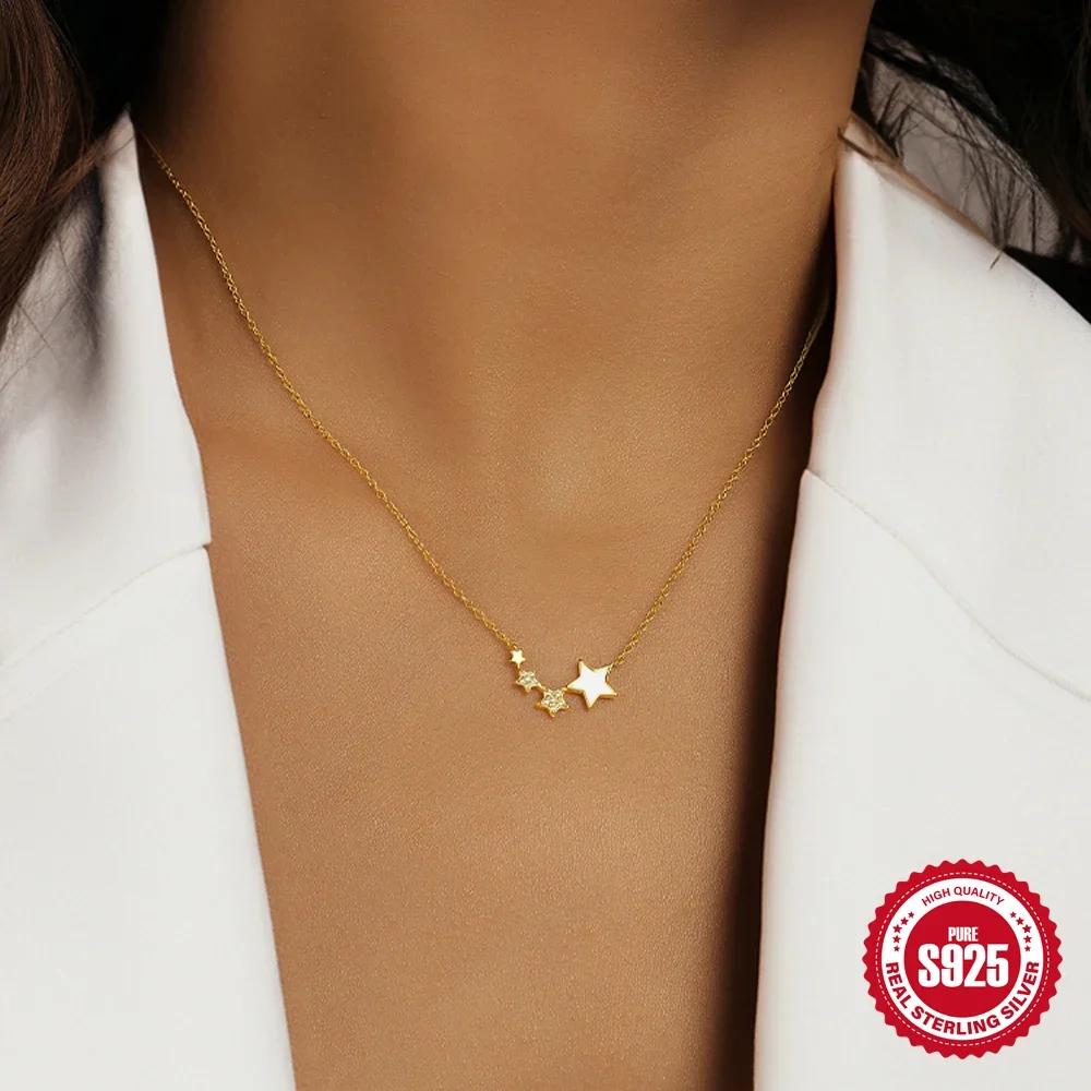 KO 925 Sterling Silver Pentagram Shaped Drop Oil Zircon Necklace Women Versatile Simple Korean Collarbone Chain Fine Jewelry