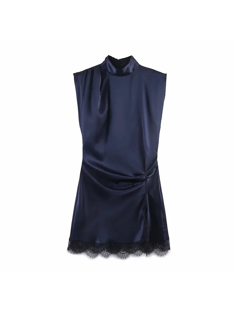 Women Sexy Lace Splice Mini Dress For Women Solid Turtleneck Sleeveless Dress Female Fashion Summer Elegant Ruched Dress