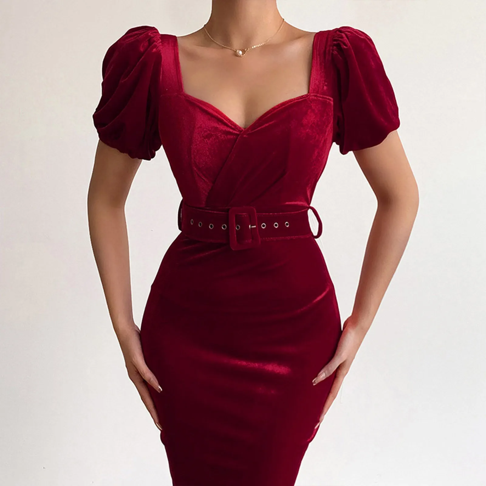 

Sexy Puff Sleeve Slit Bodycon Prom Dress with Belt Women Short Sleeve Casual Work Summer Elegant Dress Vestidos Robe Femme 2023