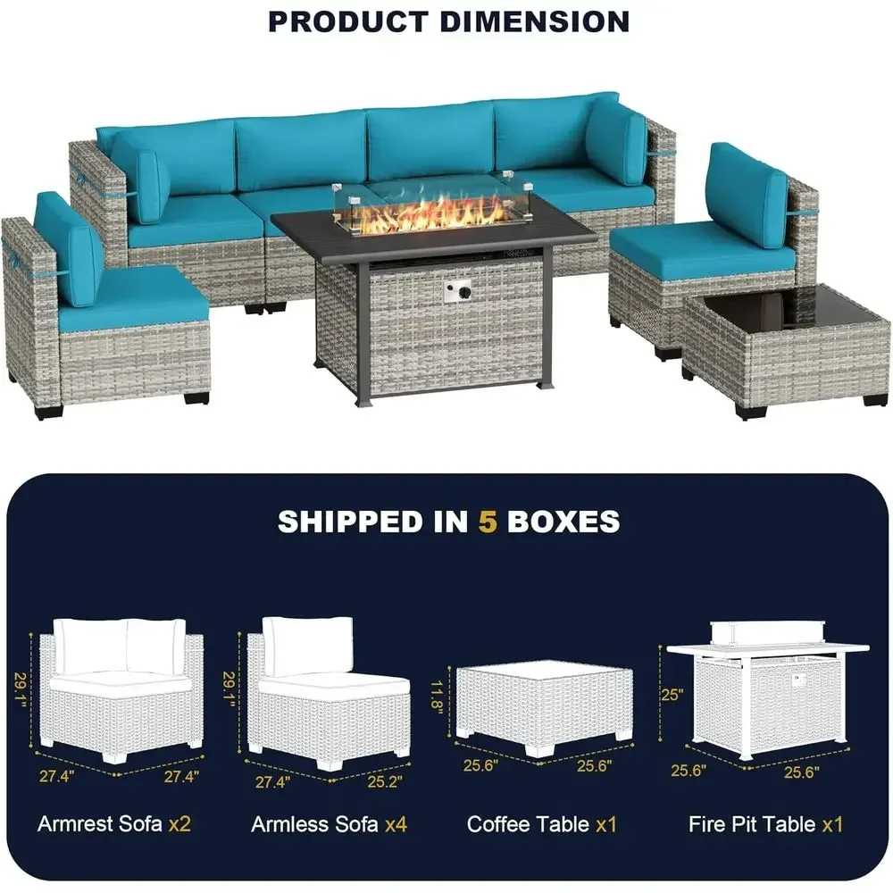8-Piece Outdoor Patio Furniture Set with 55,000 BTU Fire Pit Table, PE Wicker Rattan Sectional Sofa - All-Weather, Turquoise