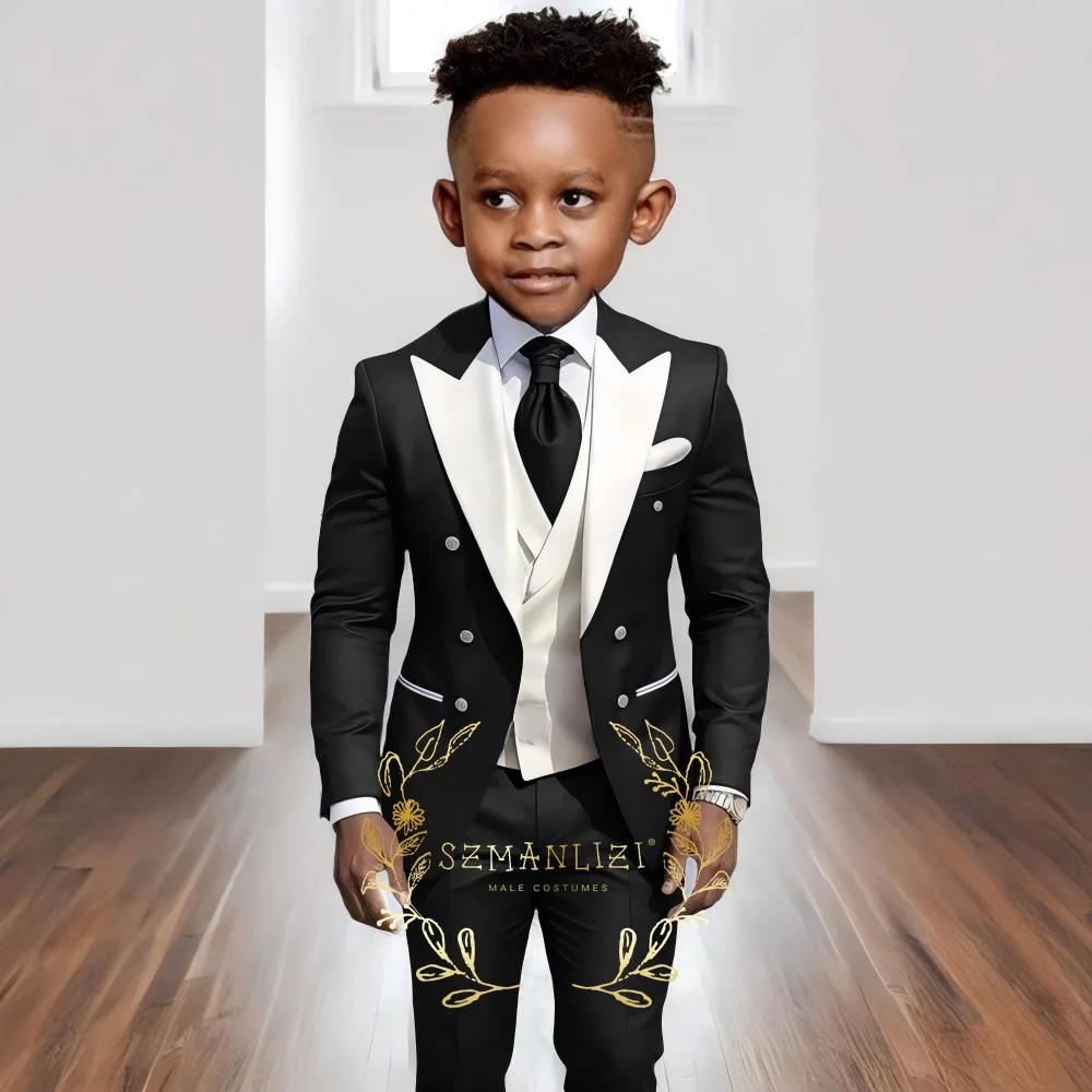 

Black Boys Suit Wedding Tuxedo 3 Piece Set Double Breasted Jacket Pants Ivory Vest Kids Party Suit Custom Blazer 2-16 Years Old
