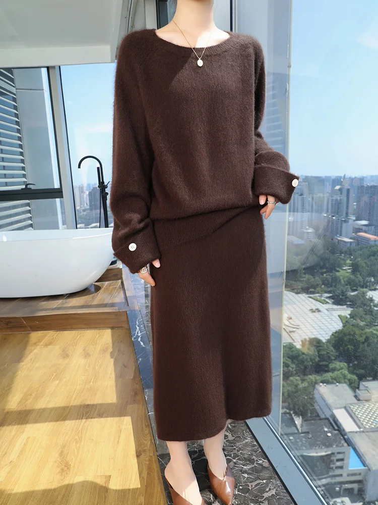 100% Pure Mink Cashmere Knitted Suit Skirt Women O-Neck Long Sleeved Loose Sweater Elastic Waist Medium-Long Skirts Thicken Set