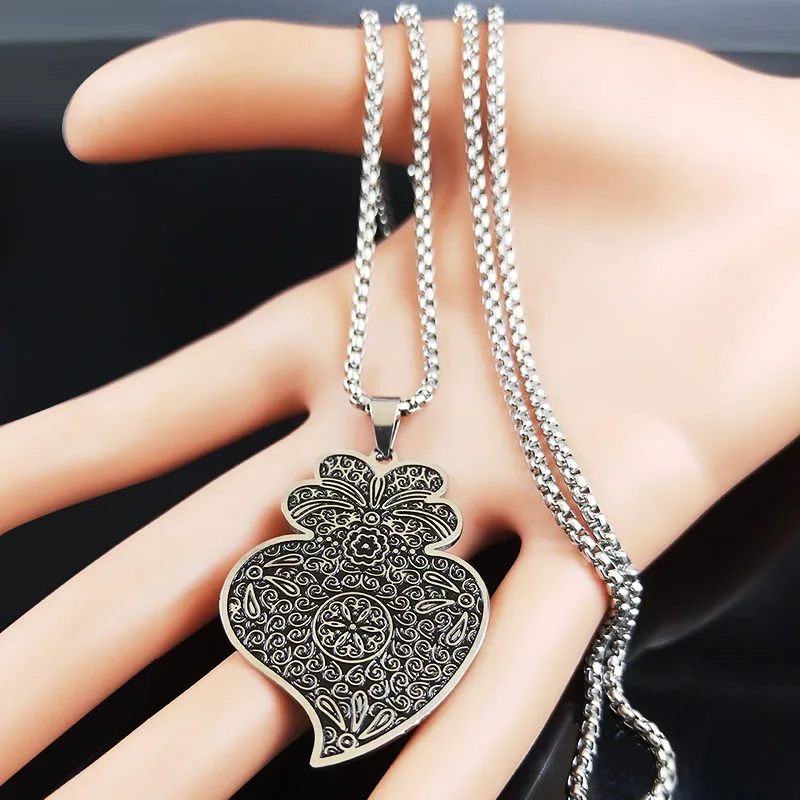 Portugal Folk Viana Heart Flower Pendant Necklace for Women Men Stainless Steel Silver Color Chain Jewelry coração de viana QKC