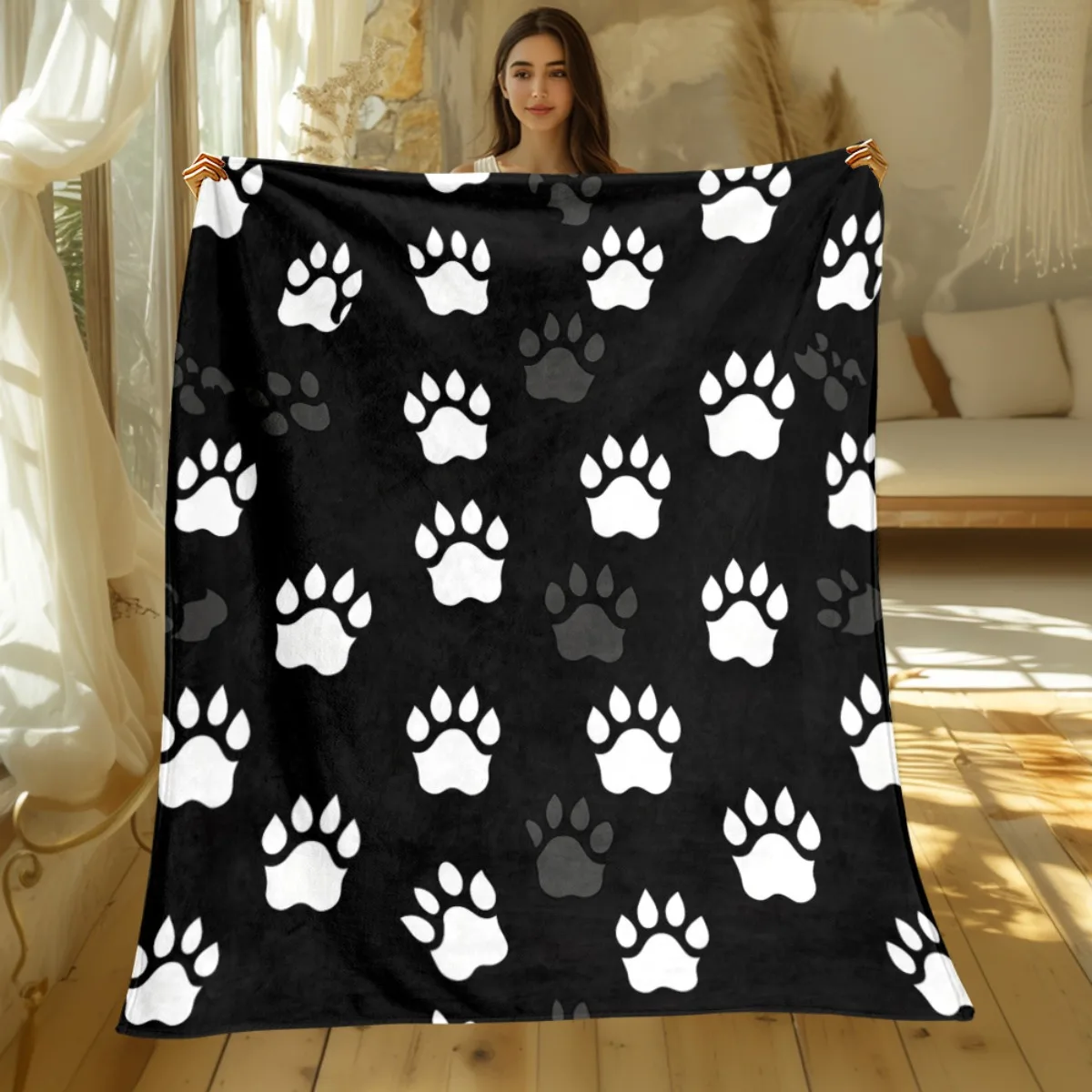 Black And White Paw Print Dog Cat Fleece Blanket Soft Flannel Throw Pet Lover Gift For Animal Enthusiasts Cozy Bedding HomeDecor