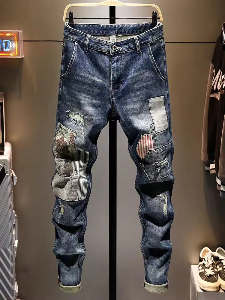 

Мужские джинсы Slim Fit: модные, с цветными вставками и пэчворком, длинные брюки для молодежи, износостойкие, весна-осень