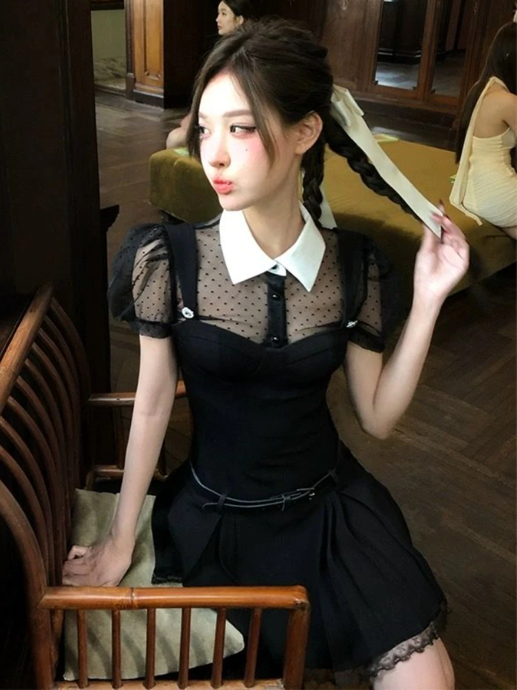 Lolita Gothic New 2 Piece Set Women Y2k Point Lace Blouse + Black Strap Mini Dress Female Korean Fashion Vintage Chic Suit 2024