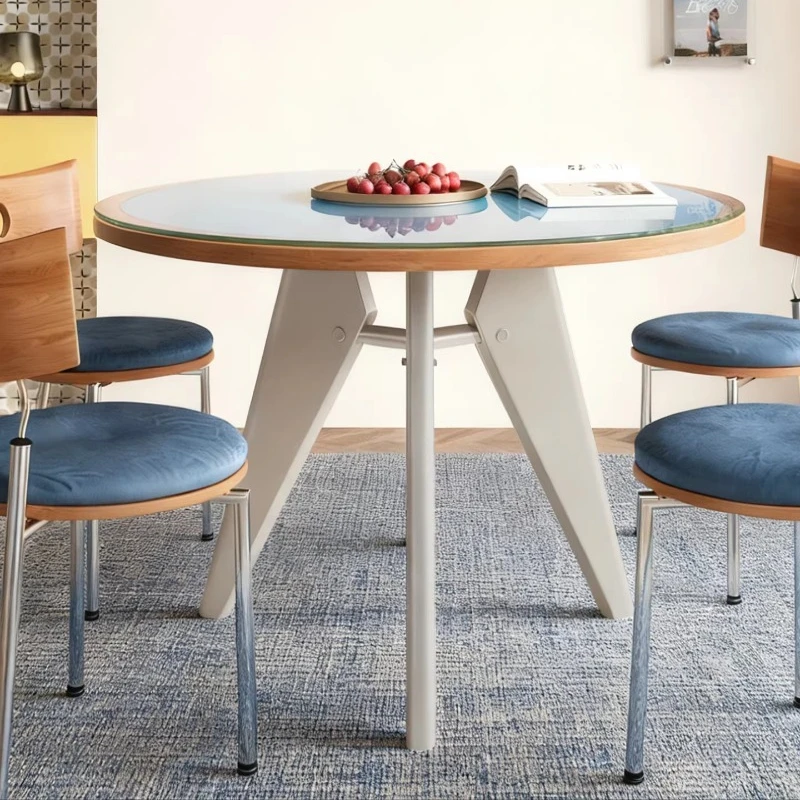 

round table medieval solid wood dining table small apartment household glass retro color matching table