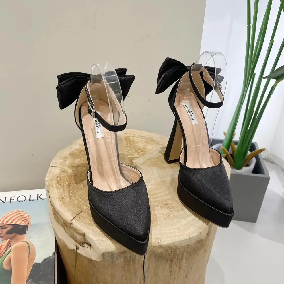 New Bowknot Pointed Toe Platform Women Sandals Summer Buckle Strap Stripper Party Thin High Heel Shoes Sexy Female Pumps