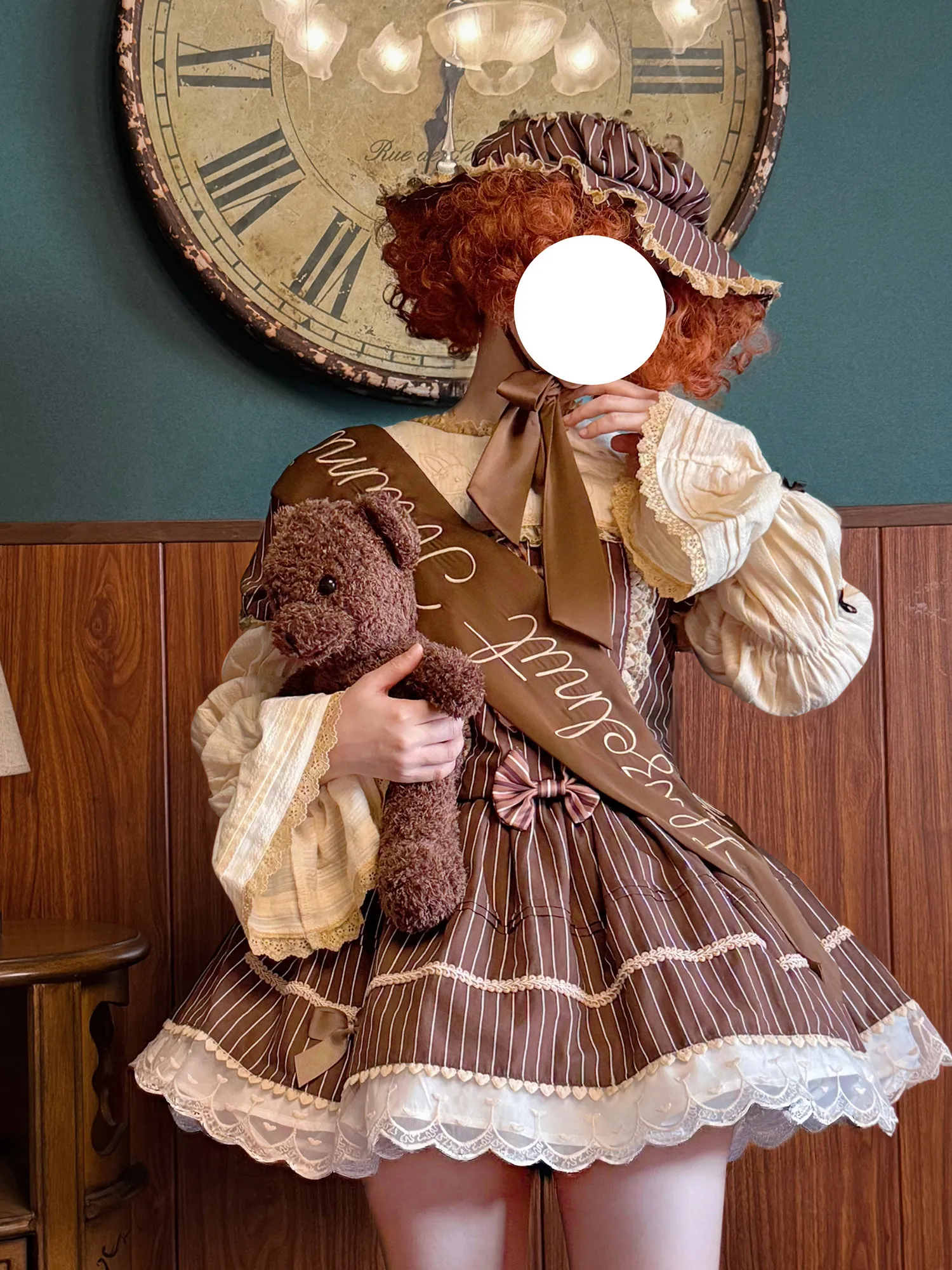 

Classic Chocolate Lolita OP Dress, Vintage Brown Stripe Maid Style Dress with Detachable Accessories