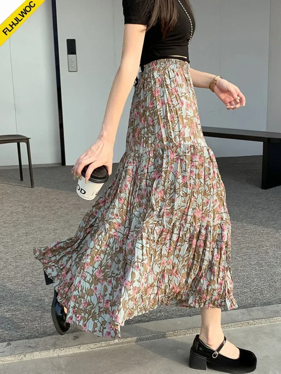 Retro Vintage Skirts Autumn Spring Women Japan Girls Preppy Style Flower Green Printing High Waist Cute Long Maxi Skirt