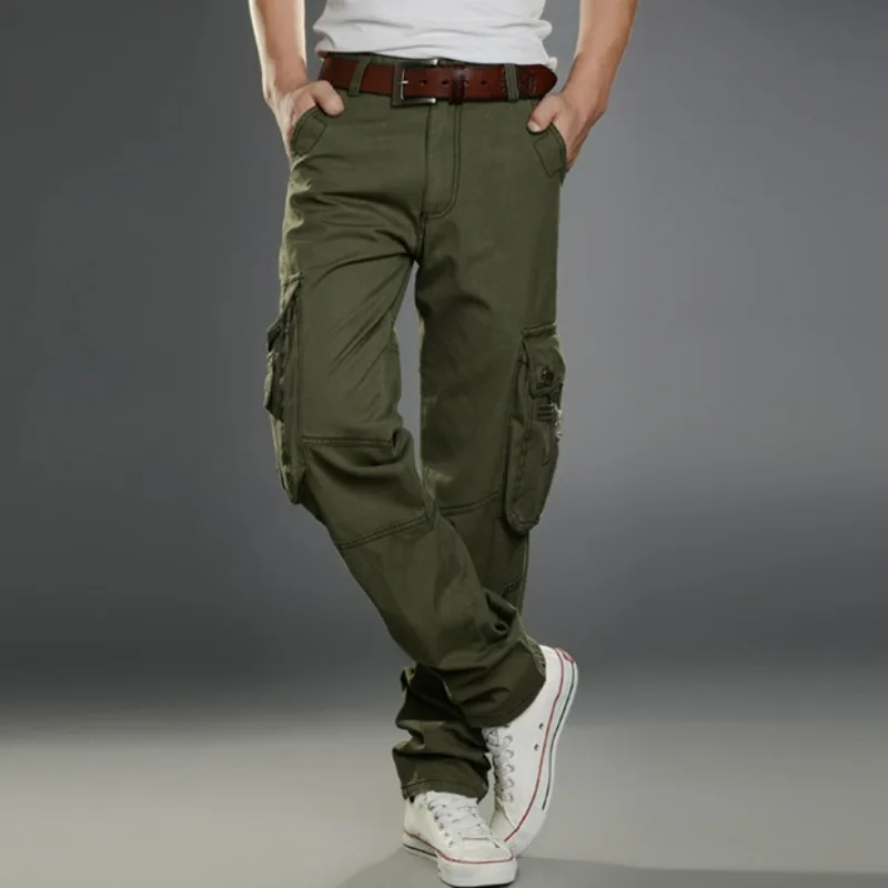 KIDWHXR Man Trousers Multi-Pocket Casual Baggy Pants Men Loose Straight Mid Waist Outdoor Work Sports Cargo Pants for Male