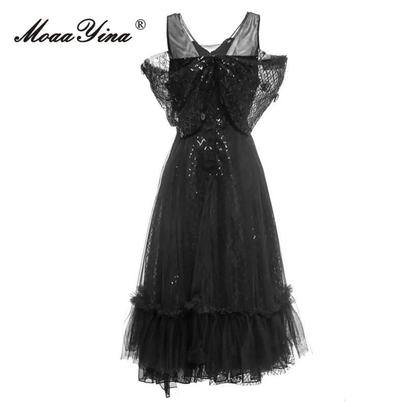 MoaaYina Summer Fashion Designer Women's Midi Dresses Vintage Black Square Collar Nail Bead Sequins Chiffon Ruffles A-LINE Dress