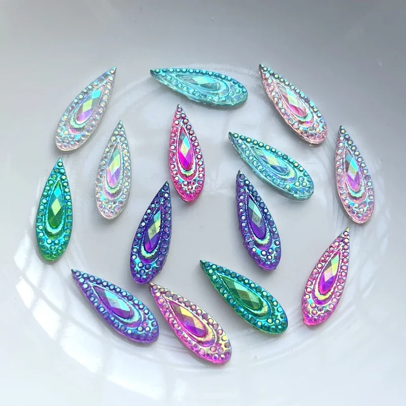 60pcs 6 * 20mm Shiny Water Drop AB Resin Water Diamond Peacock Eye Flat Back DIY Wedding Decal Decoration nail art decorations