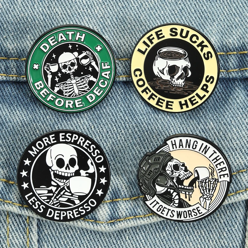 Broches de Esmalte con Diseño de Muerte Antes de la Descafeinación, Más Espresso Menos Depresión, Joyería Punk para Amantes del Café, Regalo para Amigos