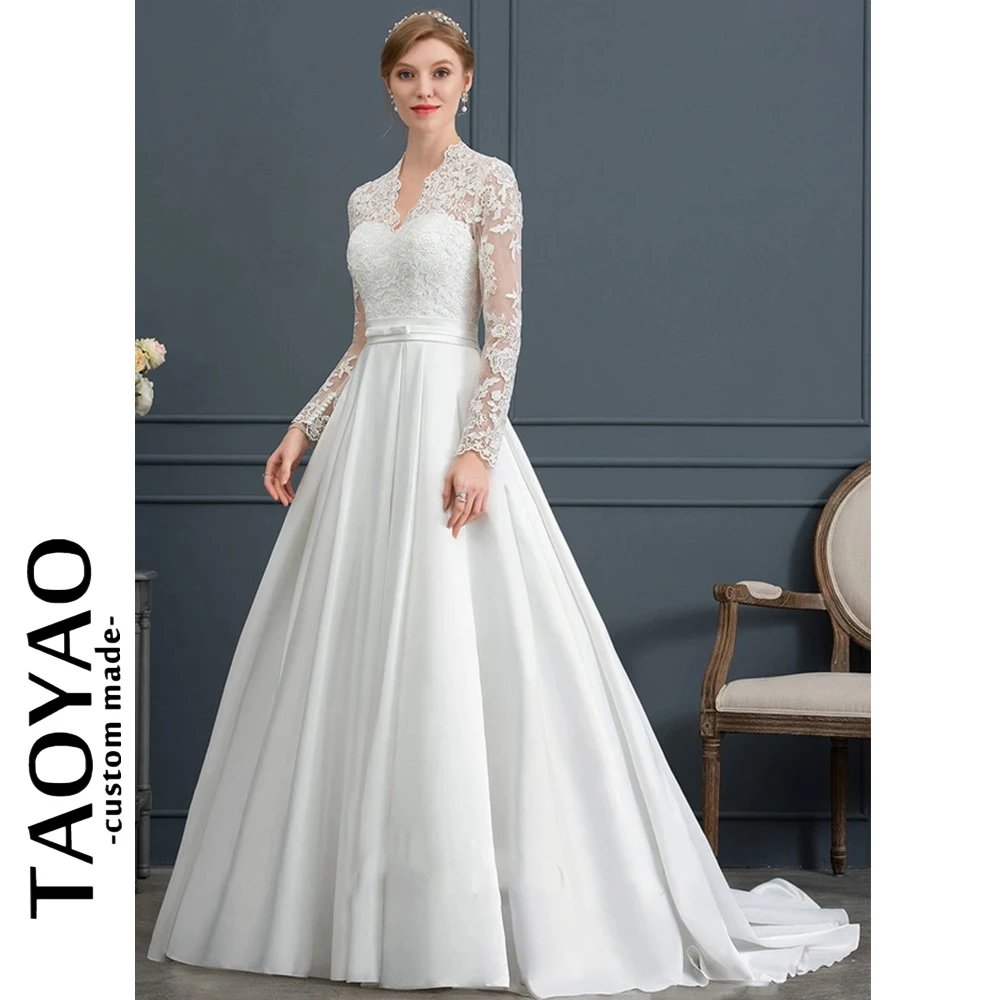 Vestido de novia de encaje de satén con cuello en V Para Mujer, vestido de baile de princesa, Vestidos de novia elegantes y bonitos Para Mujer