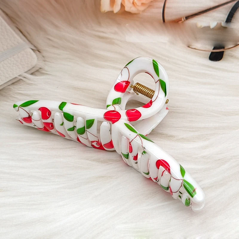 Sweet Lovely Colorful Printing Resin Big Hair Claw Cherry Large Geometry Hair Clip For Women Trendy Sweet Headwear Accessories