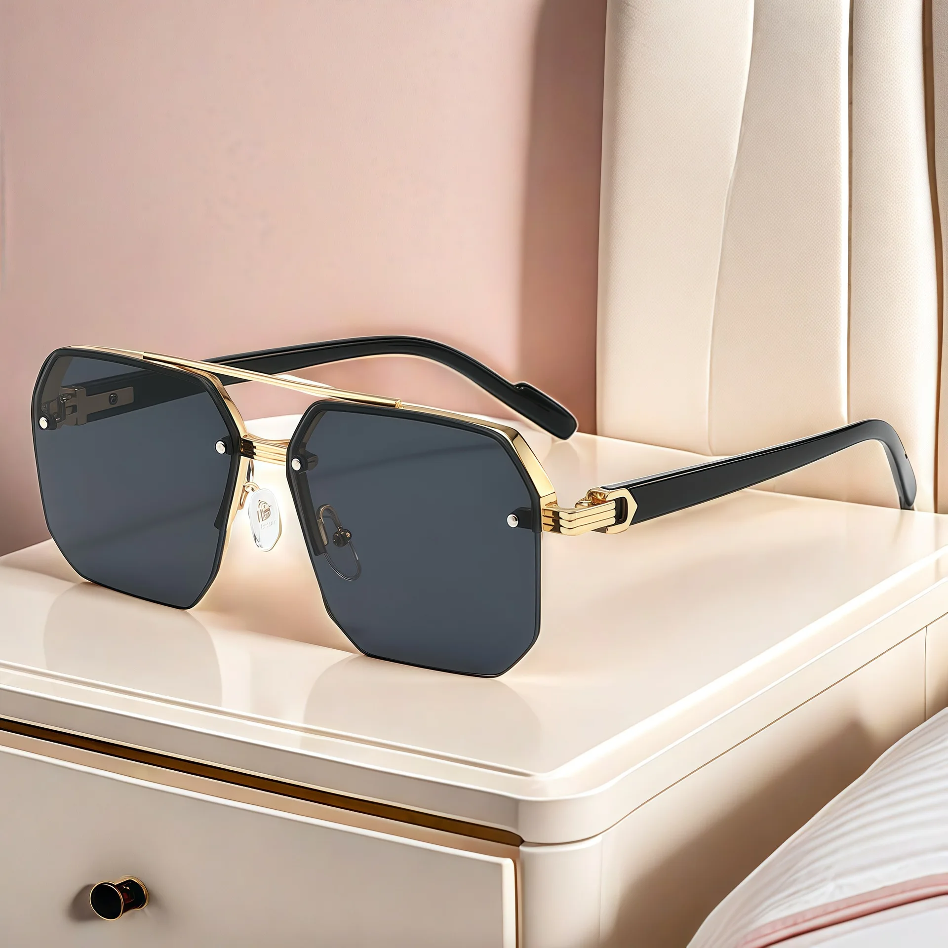 Oversize Retro Doppel Brücken Polygon Quadrat Metall Männer Sonnenbrille Mode Gradient Shades UV400 Trend Frauen Sonnenbrille – Detail 3