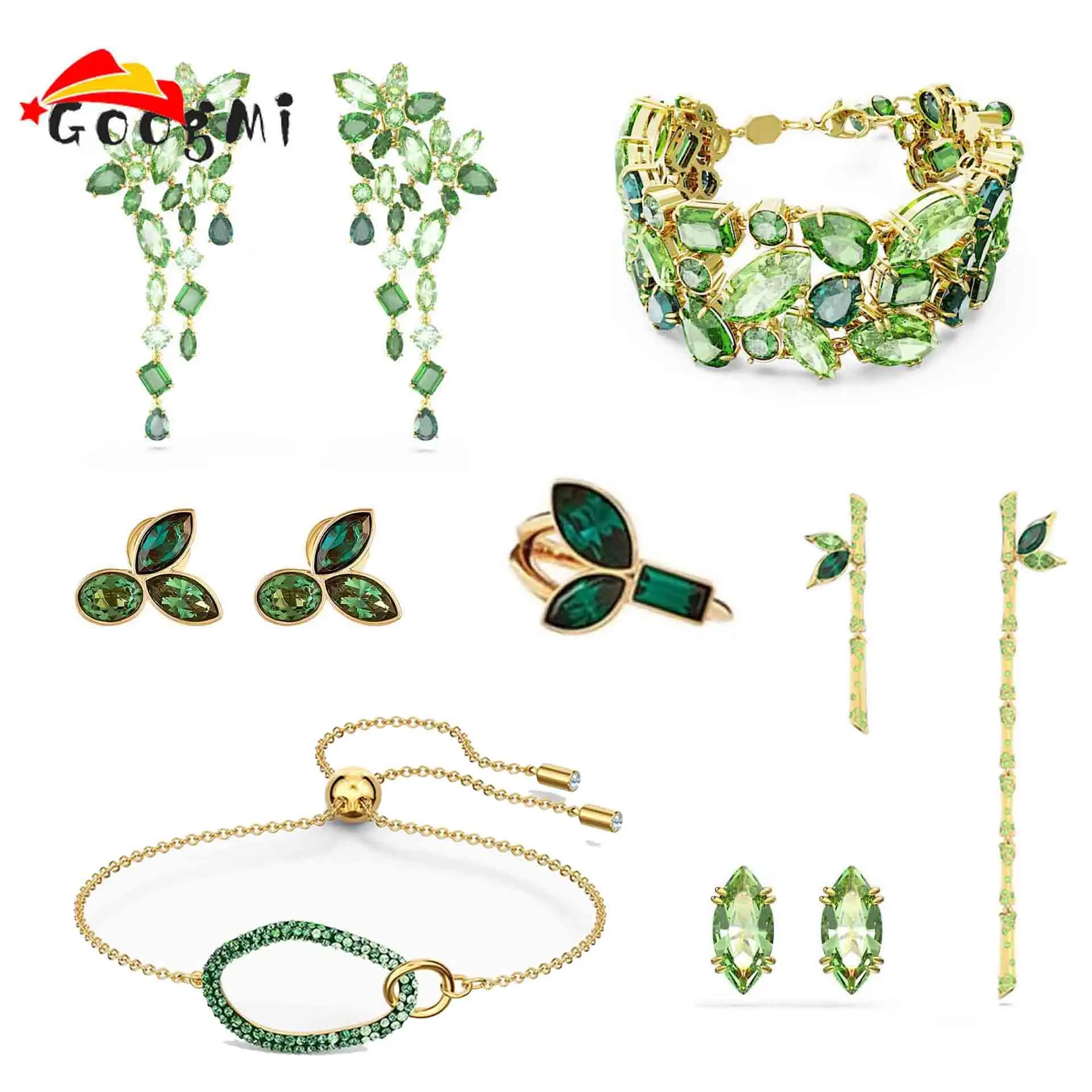 

Элитный брендовый комплект ювелирных украшений Green Collection: оригинальное женское ожерелье, серьги, браслет, кольцо с кристаллами, аксессуары для вечеринок