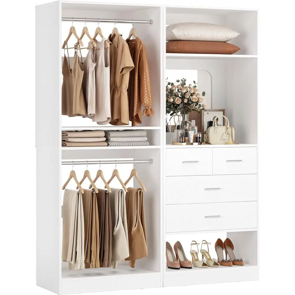 

48 White Walk-in Closet Organizer with Hanging Rods, Mirror, and Adjustable Garment Rack, Set of 2