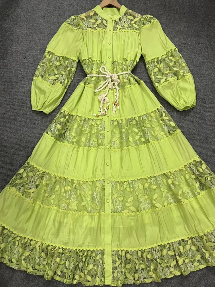 자수 컷 아웃 패치 워크 레이스 레이스 업 허리 드레스 2025 봄 여성 셔츠 드레스 패션 느슨한 다단계 퐁파두르 스커트