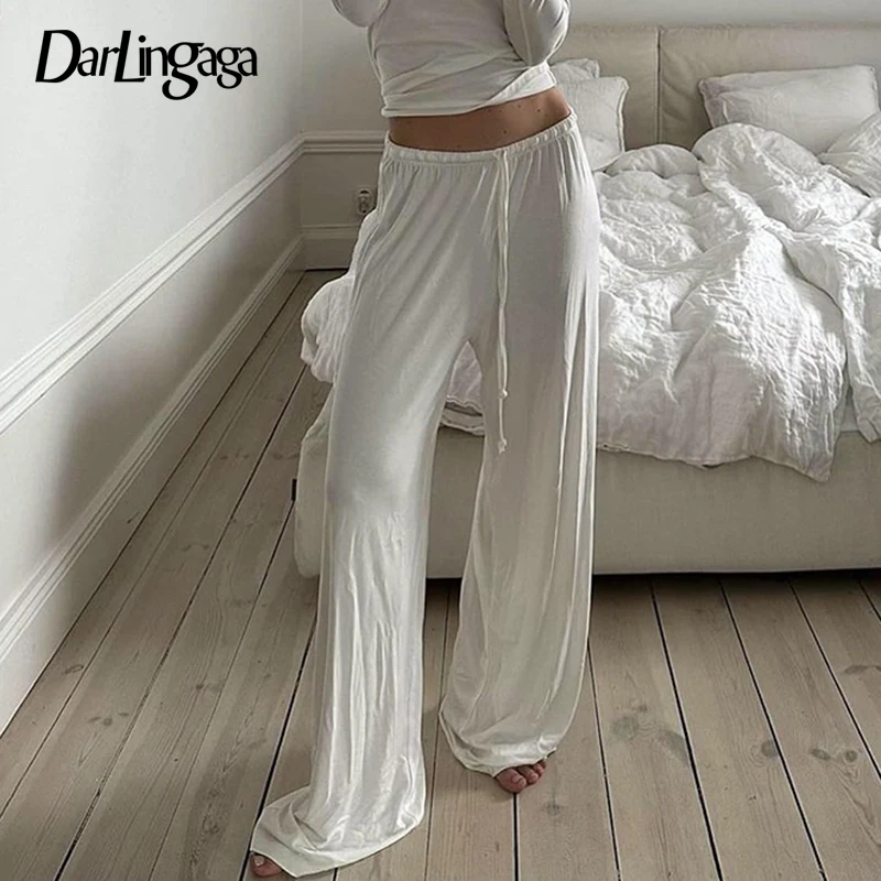 Darlingaga Casual Loose White Straight Leg Women Pants Homewear Sweatpants Shirring Basic All-Match Full Length Trousers Bottoms