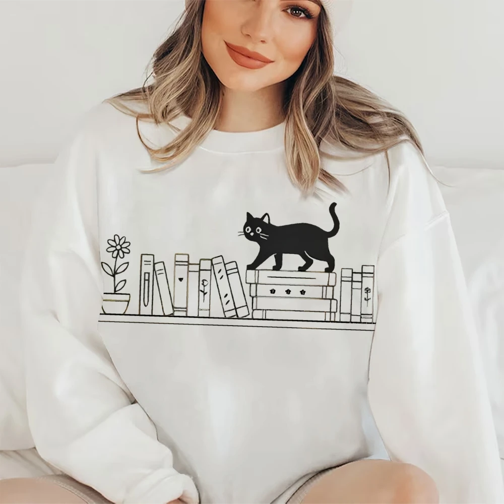 لطيف كتاب القط طباعة بلوزات مضحك الرسم نمط بسيط هوديي طويلة الأكمام القطن جولة الرقبة السيدات أعلى الملابس خمر