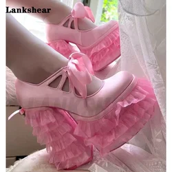 Pink Ruffle Fringe Platform Pumps Sweet Pink Chunky Heels Pink Satin Sandals Spring Woman Pumps Sandalias De Mujeres En Oferta