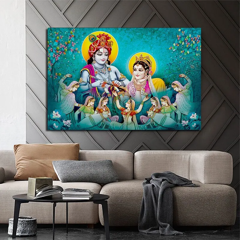 Radha Krishna Canvas Print  Spiritual Wall Art for Living Room Indian Deity Poster Home Decor