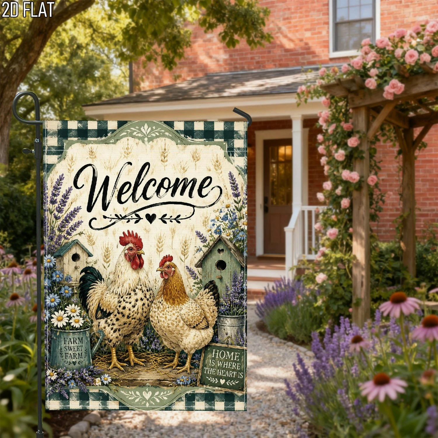 1pcs Rustic Farmhouse Welcome Garden Flag with Rooster Chicken Lavender Design Double Sided Yard Decor